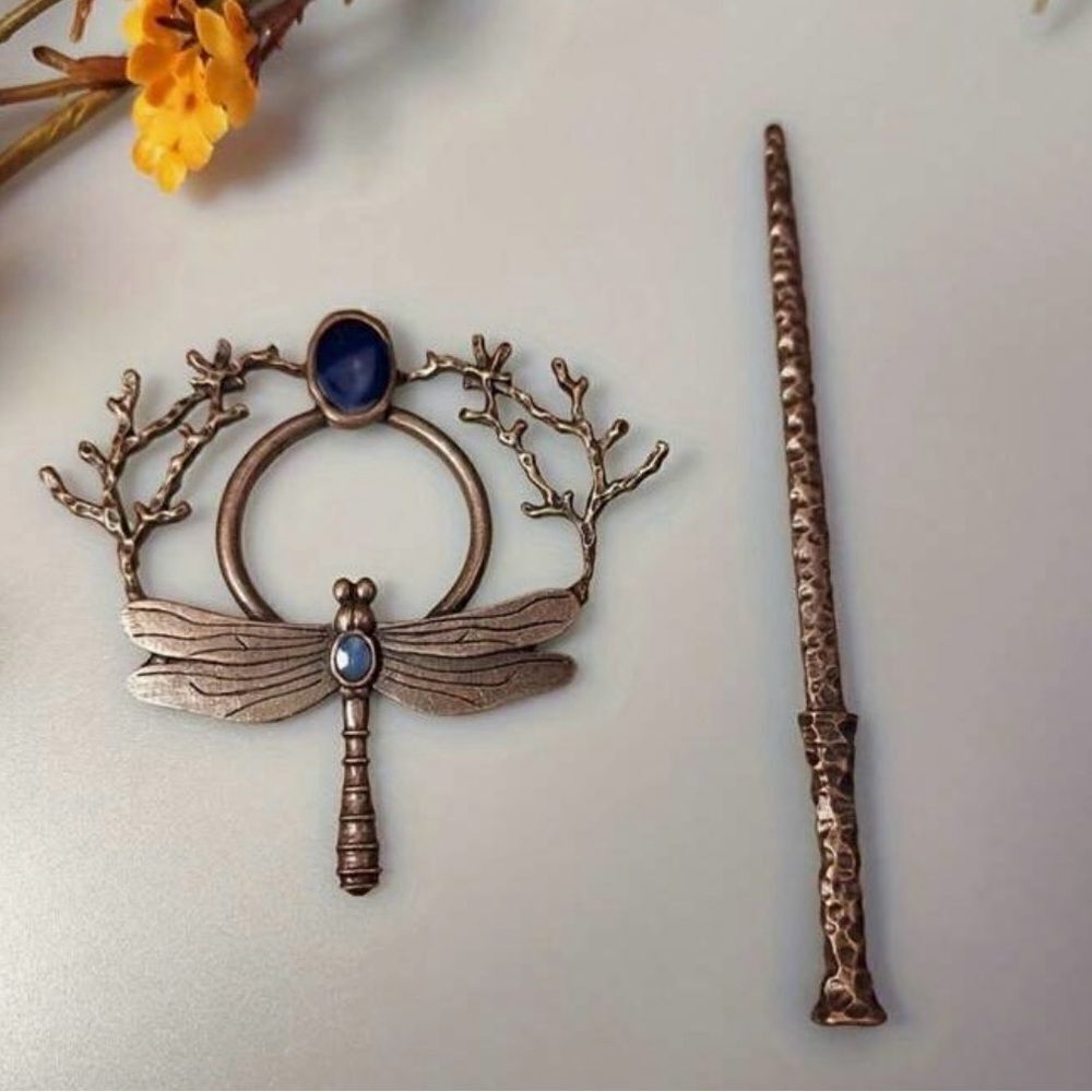 Cottagecore Dragonfly Hair Accessory, Engraved texture, Blue stone accent